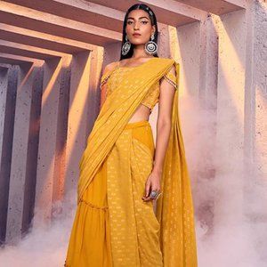 Yellow Foil Pleated Belted Pre-Stitched Saree